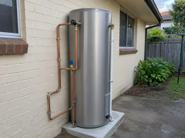 Outdoor stainless hot water cylinder beside a brick house wall and concrete pad in Penrith